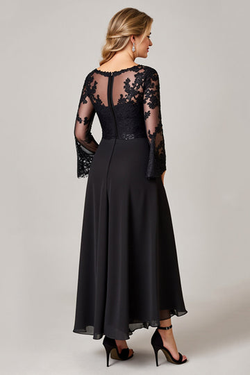 Black Lace Applique Long Mother of the Bride Dress with Long Sleeves